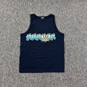 Vintage Y2K Surf Gecko Hawaii Waves Flowers Graphic Tank Top Black Large
